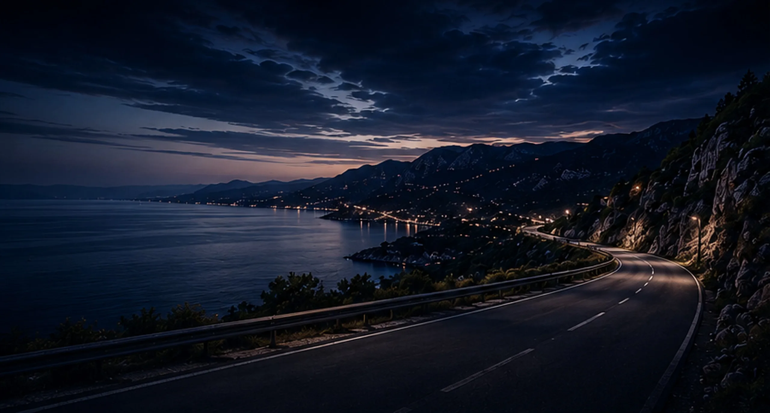 Kurvige Küstenstraße in Kroatien bei Sonnenuntergang